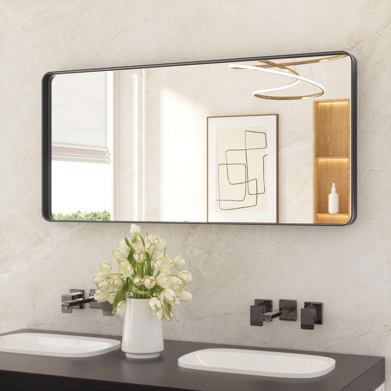 Miroir de salle de bain plombier en aluminium incassable et résistant à la rouille , Noir mat, Rectangulaire, 24 po x 48 po