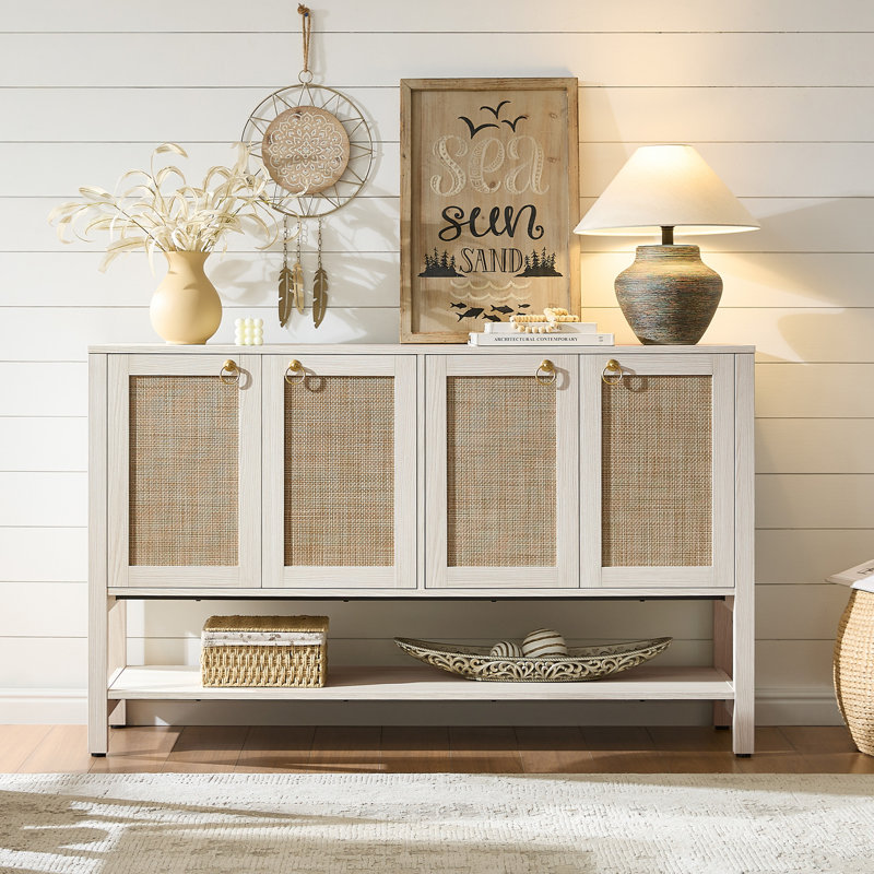 Rattan Sideboard Buffet Cabinet – 4-Door Storage with Adjustable Shelves, Boho Console for Kitchen or Hallway