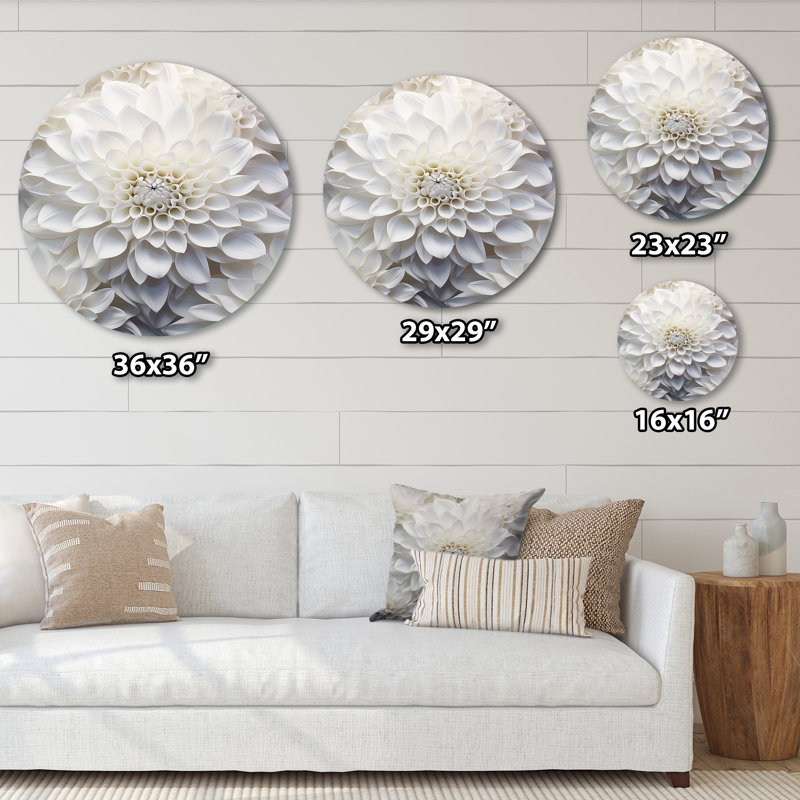 Art mural rond en métal Minimalisme blanc Dahlia, H 29 po x l 29 po