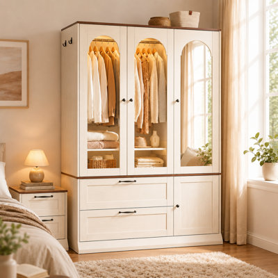 Armoire-penderie blanche antique patinée avec éclairage à détecteur de mouvement, miroir, 4 tablettes réglables et 2 tiroirs – Placard autoportant de style campagnard pour chambre à coucher