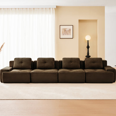 4 - Seater Brown Corduroy Modular Sectional With Deep Seat, Pearl Like Piping, Slip Base And No Assembly For Living Room 153" Assembly, Ergonomic Desi