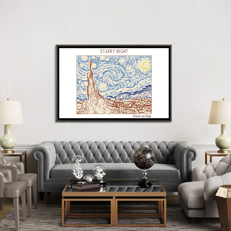 Nuit étoilée - Vincent Van Gogh - reproduction d'art murale - toile encadrée, 60" x 40", Framed Canvas, Grey