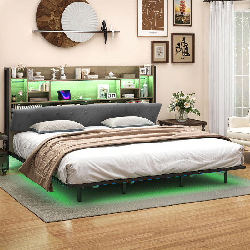 Upholstered Bookcase Storage Bed, Gray, King