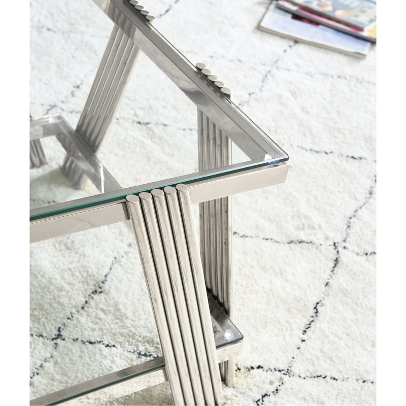 Table basse rectangulaire de 47 po de largeur, acier inoxydable et verre trempé, conception moderne avec espace de rangement, pour le bureau à domicile, assemblage facile, rangement argenté, bureau, couleur