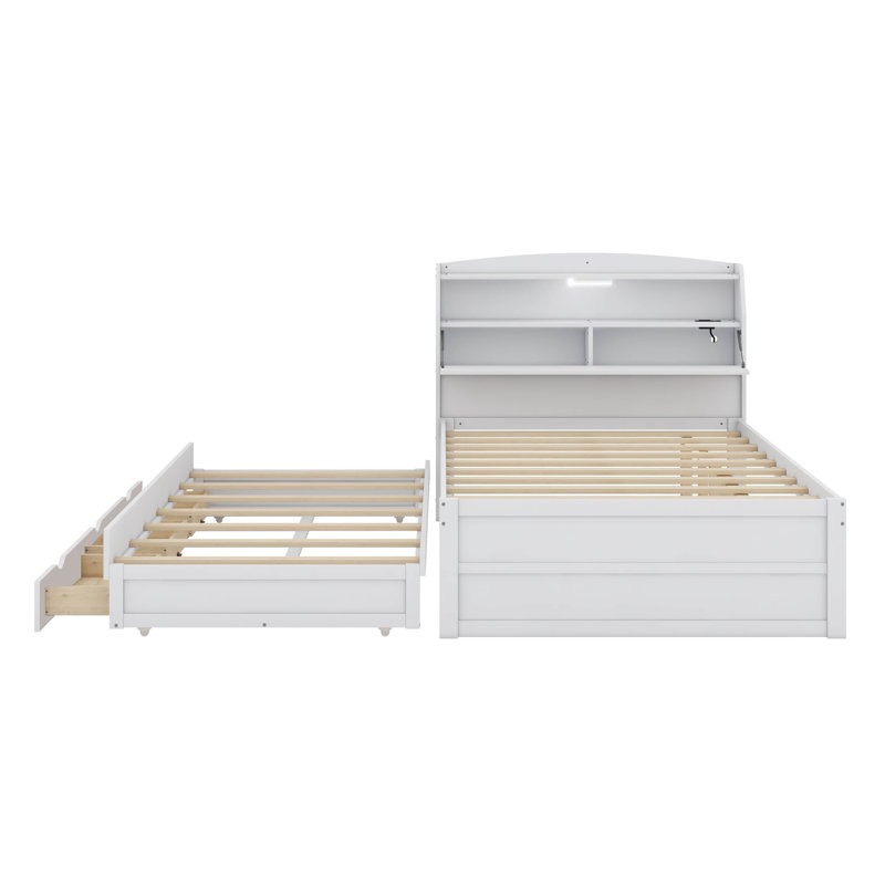 Lit plateforme en bois pleine grandeur à DEL avec lit gigogne, tête de lit et tiroirs intégrés, White