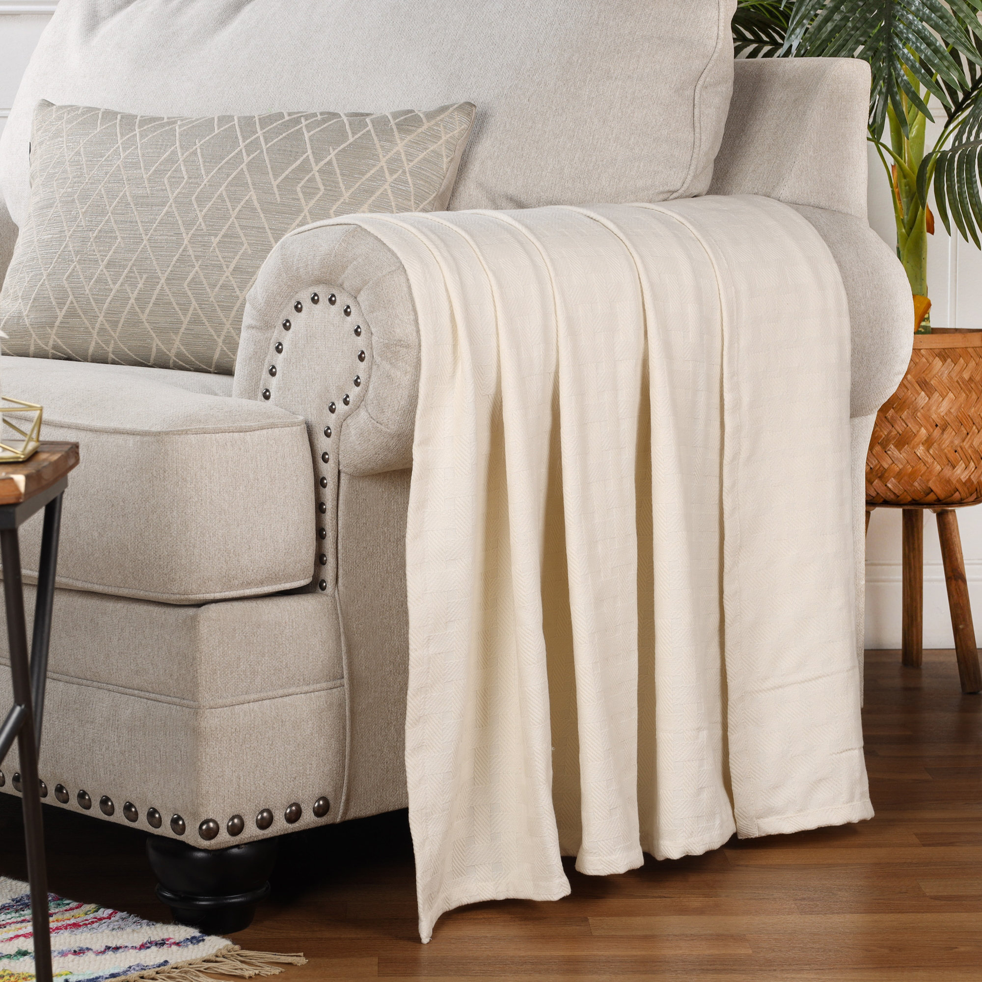 Bertie Cotton Machine Woven Throw Blanket, Ivory, King