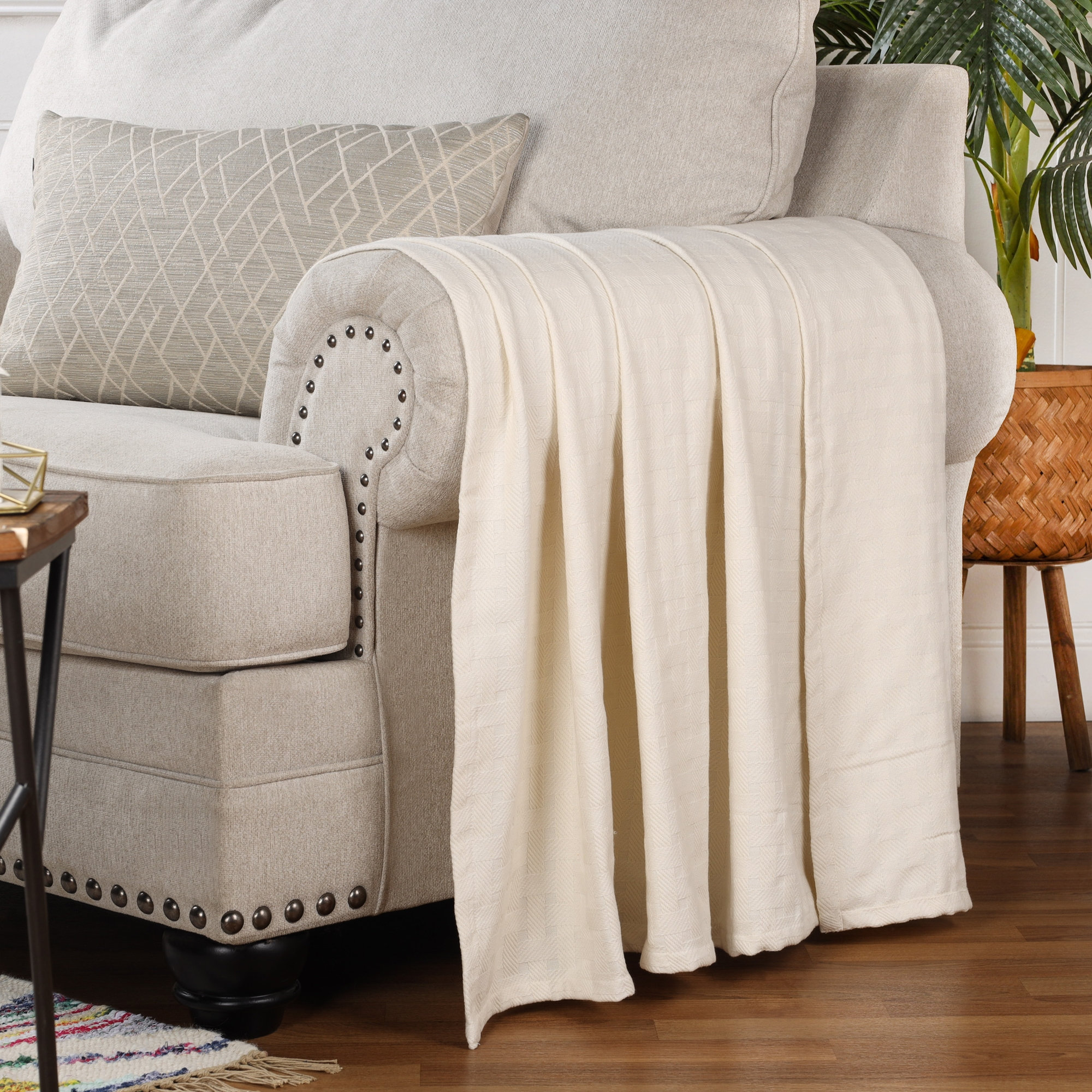 Bertie Cotton Machine Woven Throw Blanket, California King, Ivory