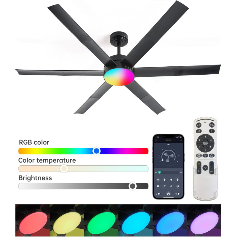 60" Ceiling Fan With Dimmable LED Light For Up To 400Sq. Ft. Area, Works For 15 Degree Sloped Ceiling, RGB Lighting Mode Remote & App Control Damp-Rated