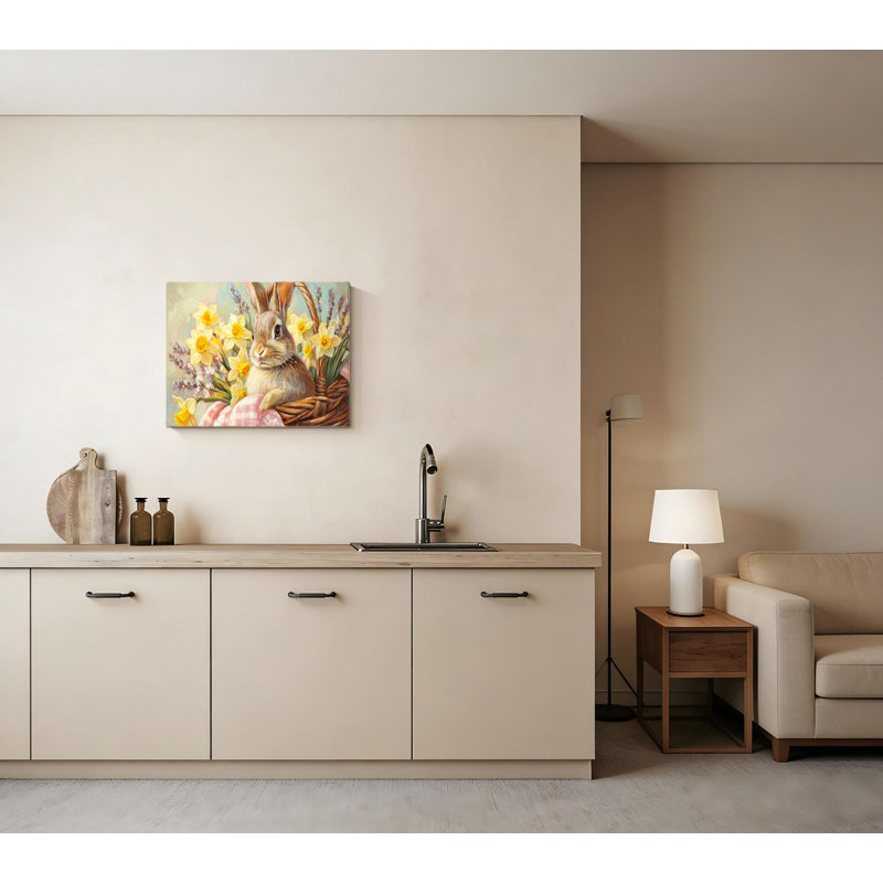 Sprintime lapin de Pâques, reproduction d'art sur toile, cadre en bois massif, art mural botanique, 16 x 24 pouces. Gris