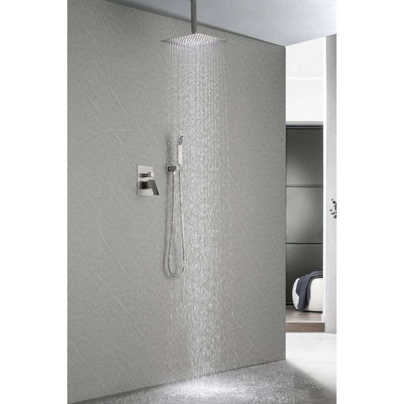 Brushed Nickel High Shower Head - Stainless Steel, Water Saving, Rainfall, Self-Cleaning, Suits Standard Arms Steel Saving Showerhead Nickel, Works With Any Arm Connection
