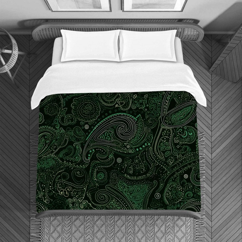 Machine Printed Duvet Cover, Black/Green Paisley, Queen Duvet Cover