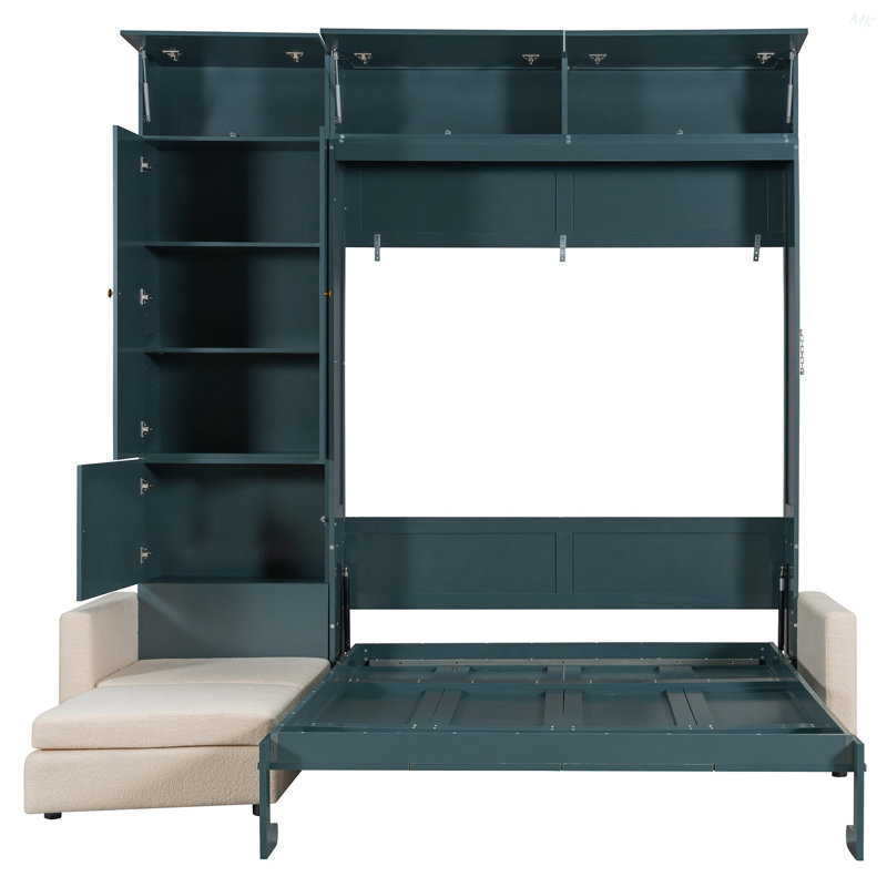 Grand lit escamotable mural avec canapé et tablettes, Vert