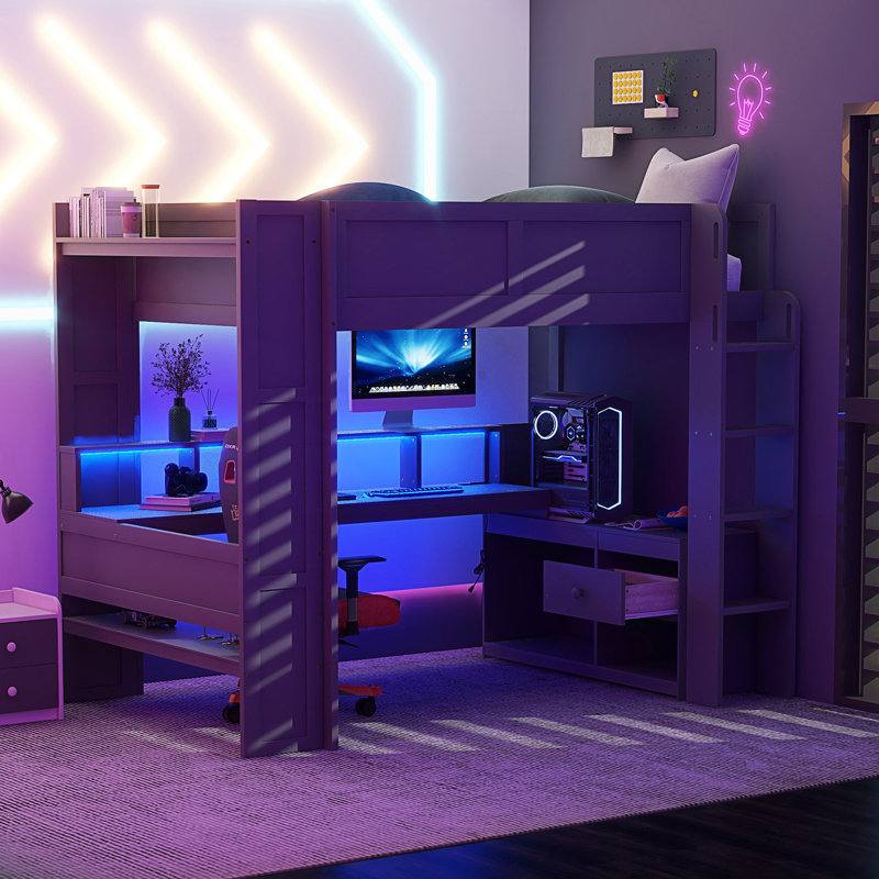 Lit mezzanine double pleine grandeur avec bureau, tablettes multiples, DEL et station de charge