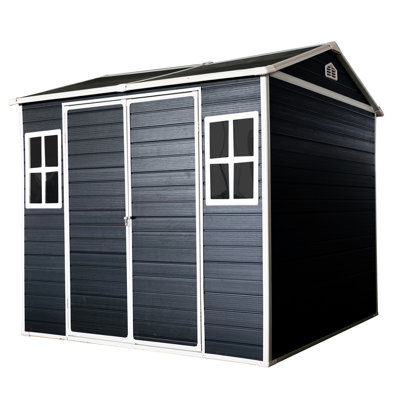 Remise 8 po x 6 pi en résine pour jardin - imperméable avec porte verrouillable, deux fenêtres et rangement extérieur au sol, fenêtres noires, porte de jardin, patio
