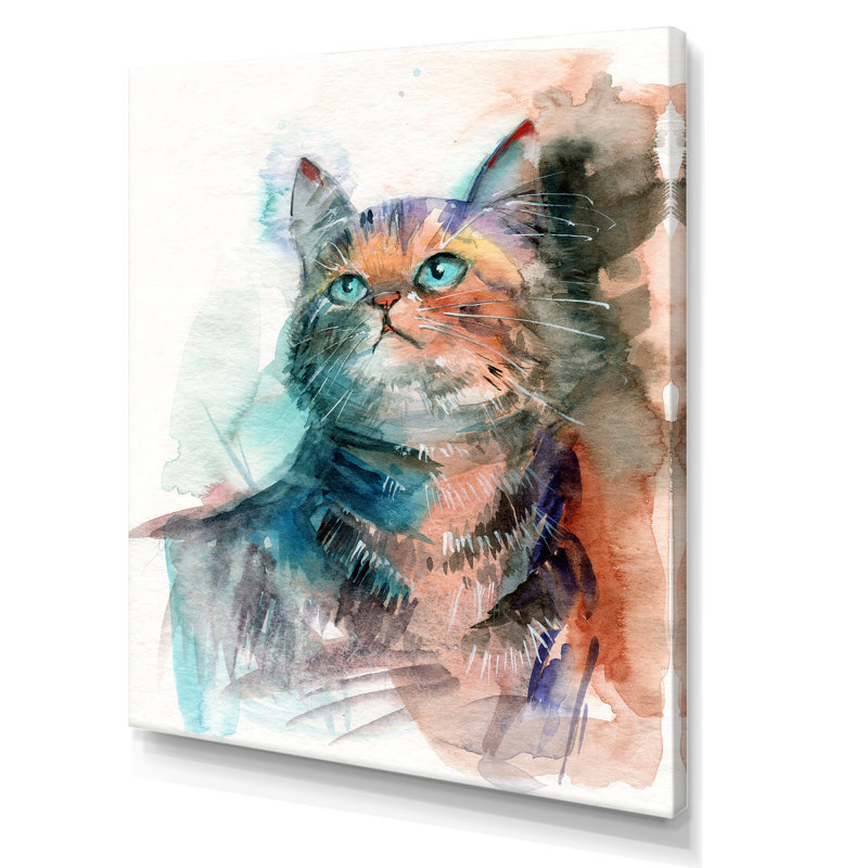Petit chat gris aux yeux bleus - reproduction sur toile, H 44 po x l 34 po, Toile tendue