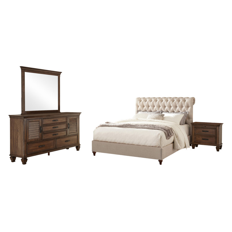 Ensemble de chambre à coucher Doonfin en chêne beige et bruni, Quatre pièces : lit, table de chevet, commode et