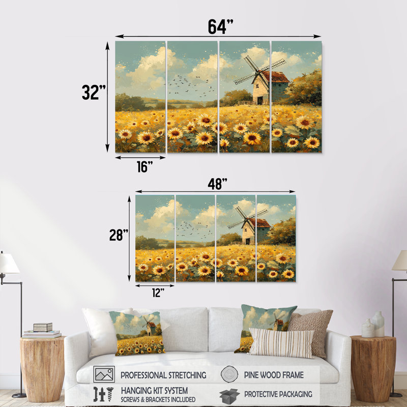Tournesols au moulin à vent en été I - Art mural tournesols - Ensemble de 4 décorations murales traditionnelles