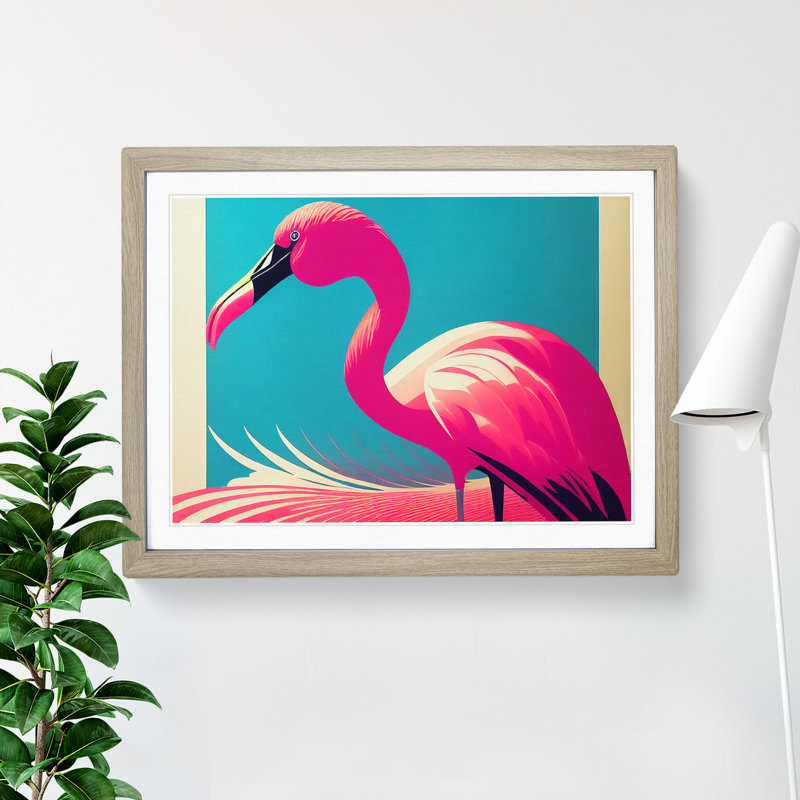 Delightful Flamingo - Single Picture Frame Print, 34cm H x 46cm W x 2cm D, Oak