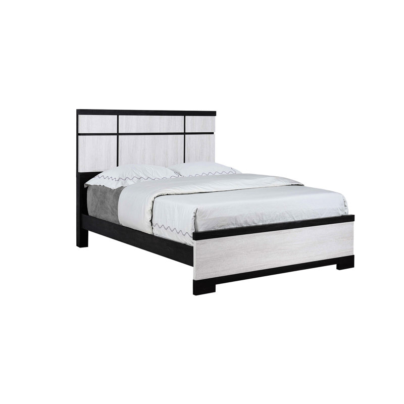 Moderne, cadre de lit à panneau grand, tête de lit géométrique frappante à deux tons, ébène de craie, style transitionnel, pour chambre à coucher, sommier transitionnel essentiel, lit, finition ébène de style, look contemporain,