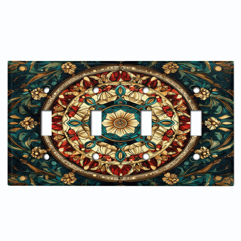 Couvercle de plaque d'interrupteur en métal; Bascule à 4 bandes US standard - image imprimée d'un mandala floral en vitrail