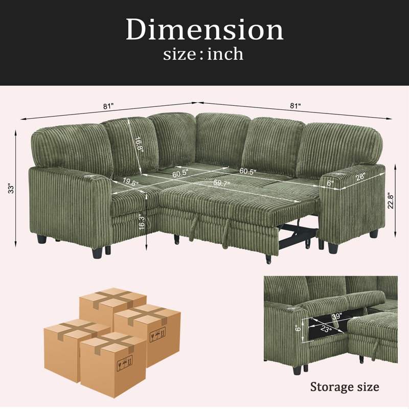 Canapé-lit modulaire en L avec lit escamotable et rangement, canapé-lit 5 places avec chargement USB, conception convertible pour salon, appartement, tissu en velours côtelé