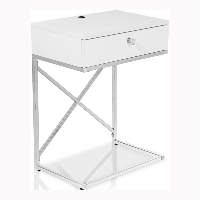 C Table End Table with Built-In Outlets, White