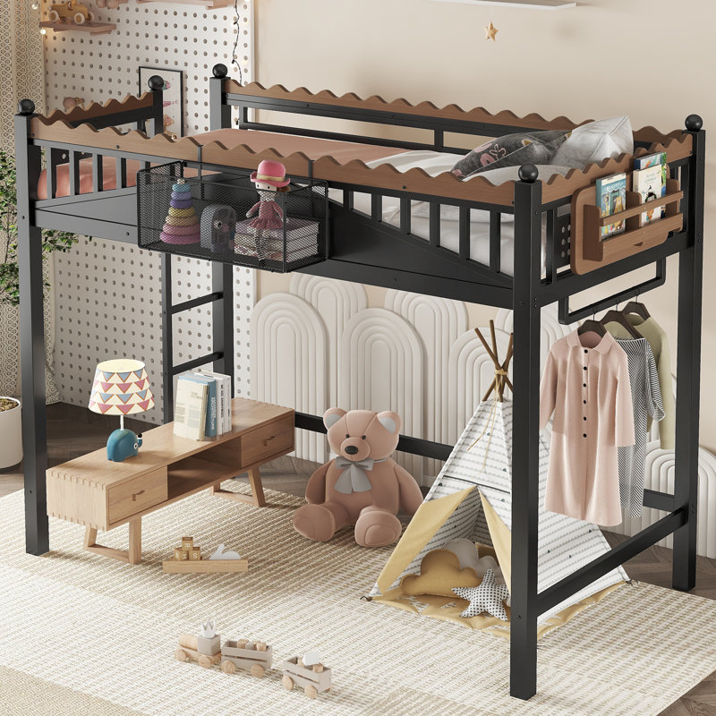 Twin XL Size Loft Bed with Ladders, Metal Loft Bed with Storage Shelves and bookshelf, No Box Spring Needed and Chic Design, Black
