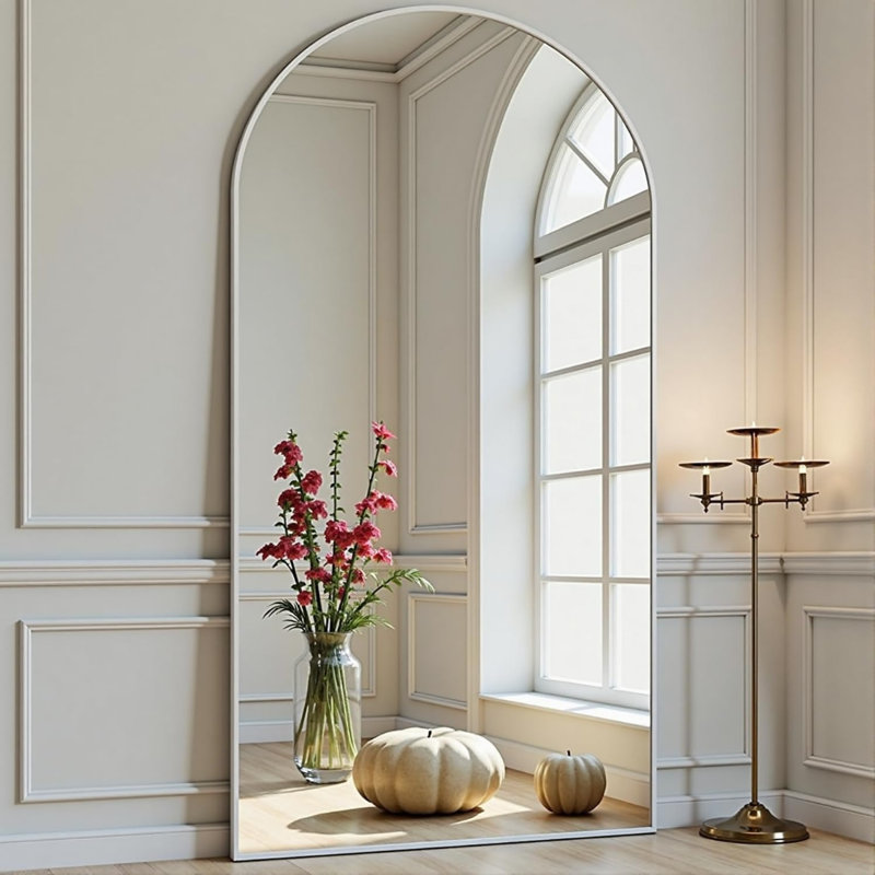 Full Length Mirror, 71"X30" Arched-Top Floor Mirror, Modern Full Body Mirror With Stand, Wall Mirror With Aluminum Alloy Frame For Bedroom, Living Room, White