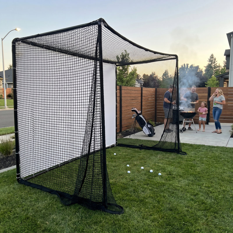 Filet de pratique de golf 9,5 X 7 pi avec écran d'impact et tapis de frappe | Entraînement intérieur / extérieur + projection de films