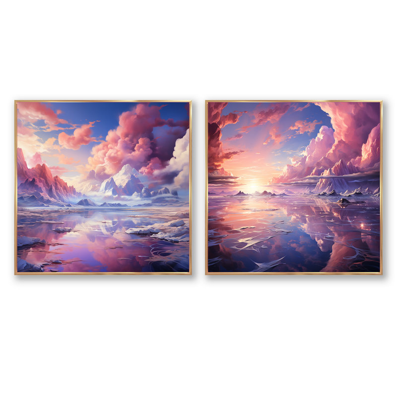 Kawaii Landscape Clouds III - ensemble de 2 nuages carrés, Cadre flottant doré, H 16 po x l 33 po