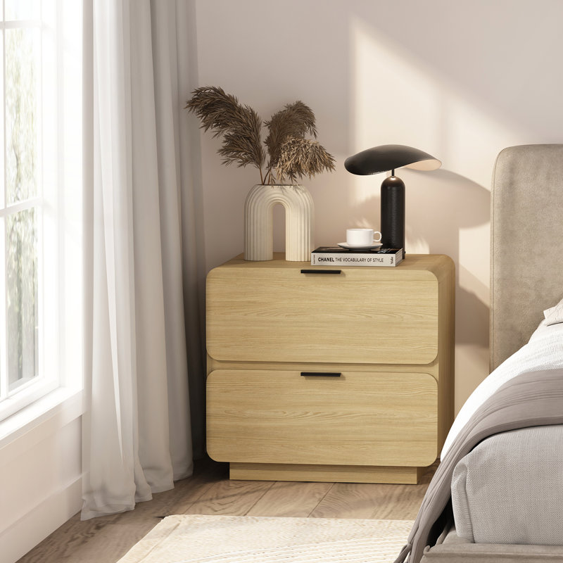 Table de chevet 2 tiroirs avec rangement spacieux et bords arrondis lisses pour les chambres à coucher modernes, Naturel