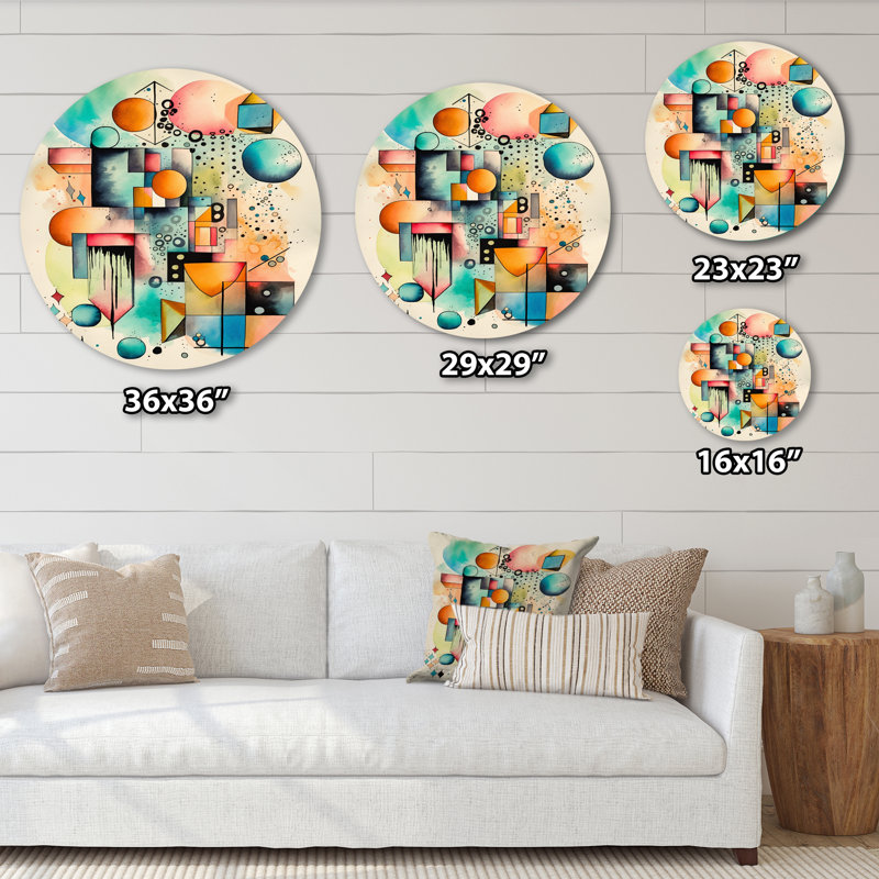 «Blue and Orange Geometric Balance III», art mural rond abstrait géométrique sur métal, H 16 po x l 16 po x P 1 po