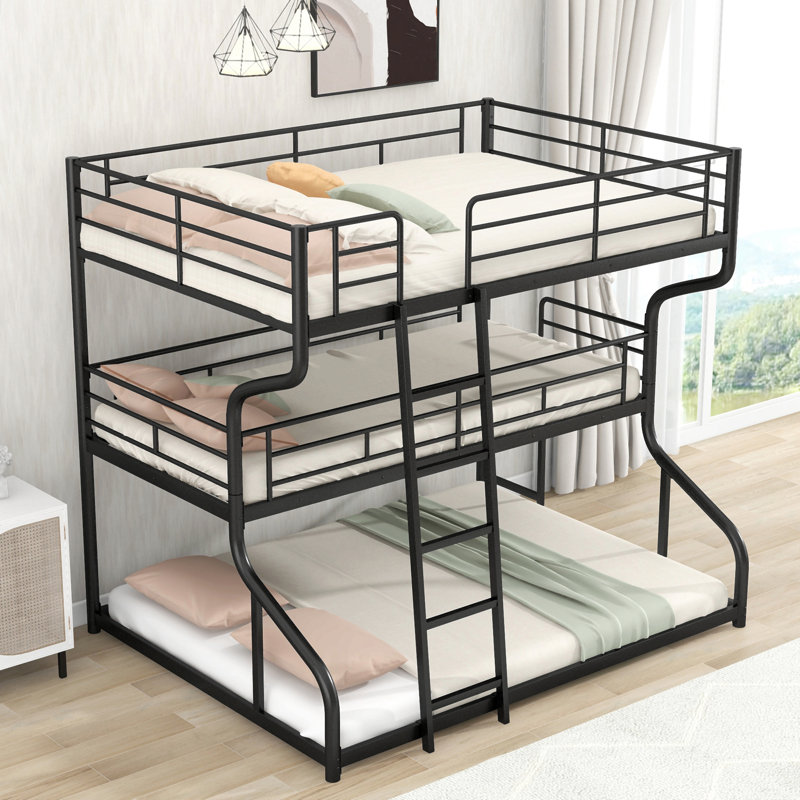 Full Xl Over Twin Xl Over Queen Size Triple Bunk Bed With Long And Short Ladder, Black