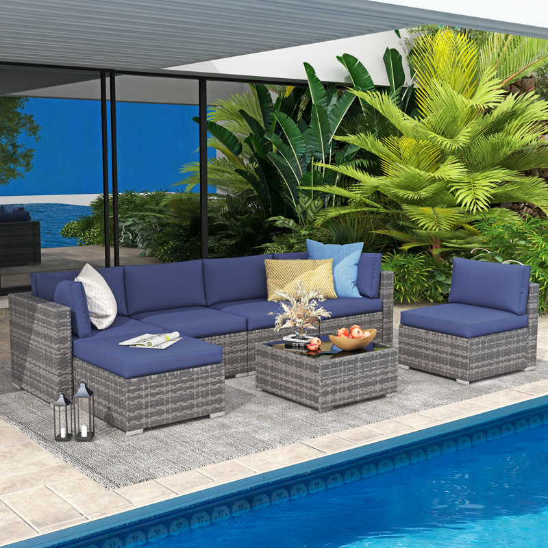Axwell Wicker 5 - Person Modular Patio Conversation Set with Cushions, Gray Frame/Navy Cushion