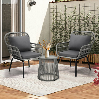 3 Pieces Rattan Wicker Outdoor Conversation Bistro Set,Grey