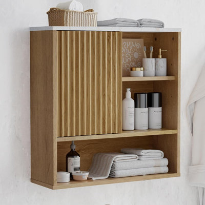 Over-toilet Fluted Medicine Cabinet – Wall Mounted Bathroom Storage With Faux Marble Top, Natural Oak