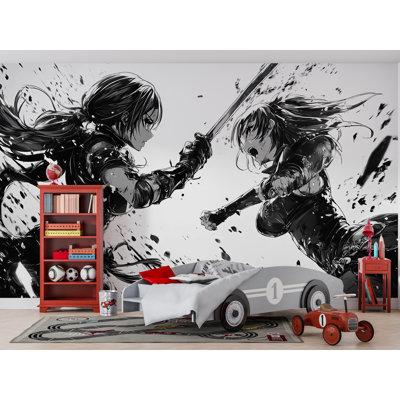 Papier peint noir et blanc animé Warrior Duel - Art mural monochrome saisissant pour chambre à coucher ou bureau, scène de combat de fille Samurai audacieuse, décoration murale moderne