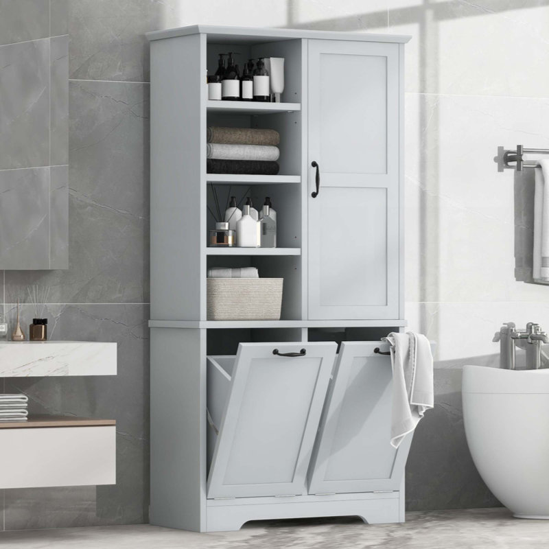 Armoire de rangement pour salle de bain avec portes et tiroirs, panier à linge inclinable, plusieurs espaces de rangement, style autoportant, tablette ouverte, tablette réglable