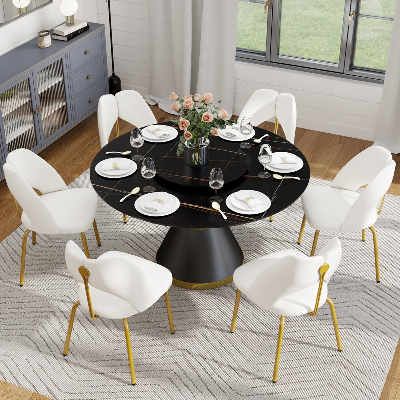 Ryding Modern Round Sintered Stone Dining Table with Rotating Tray, Black, 29.5" H x 53" L x 53" W