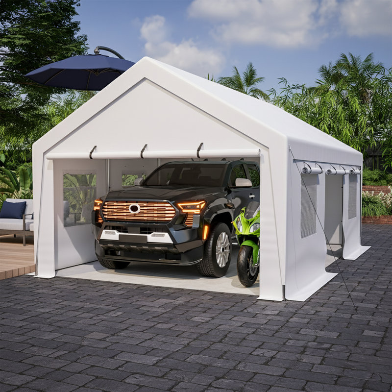 13 X 20 Ft Steel Carport Canopy, 1.5 In. Dia 16-Ga Frame, Removable Sidewalls, 35 Mph Wind Rated, Off-White, Off-White