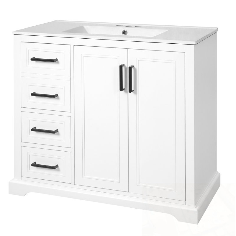 Meuble-lavabo avec lavabo en céramique, tablette réglable et 3 tiroirs, Blanc