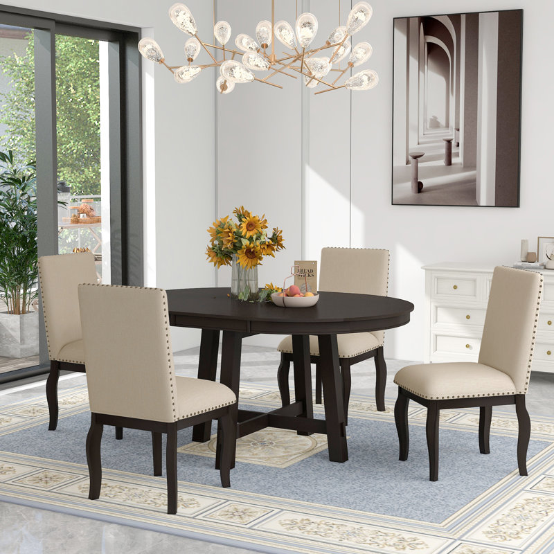 Extendable Dining Set, Espresso, Espresso/Beige, Espresso