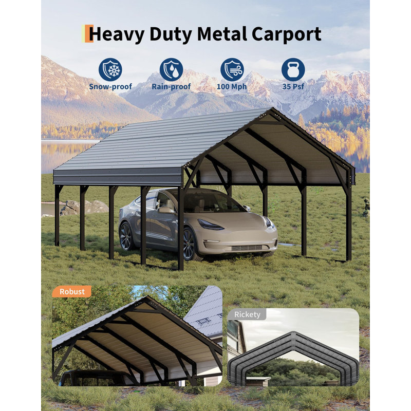 12x26 FT Metal Carport, Heavy Duty Steel Roof Shelter w/ Reinforced Frame for Trucks, Boats & Tractors