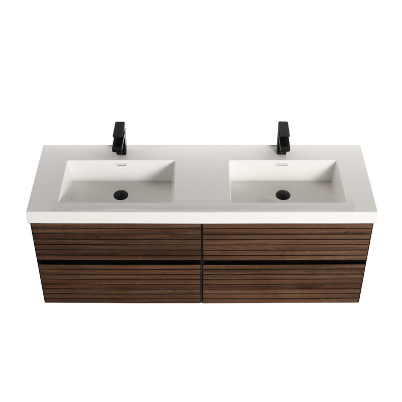 Meuble-lavabo flottant 60 po avec lavabo mural 60 po, Brun
