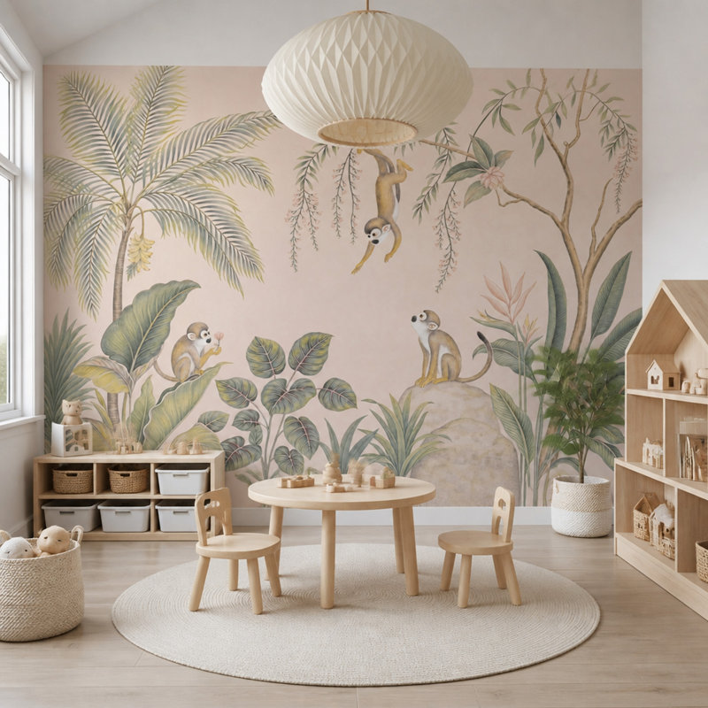 Papier peint tropical Jungle Monkeys, 200 po x 120 po, Peler et coller