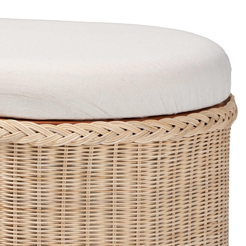 Banc de rangement en rotin tressé naturel avec couvercle relevable rembourré - Coffret de style bohème côtier pour chambre à coucher
