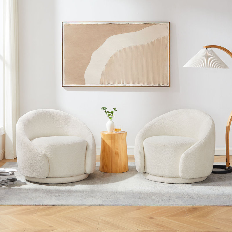 Blaklee Upholstered Swivel Barrel Chair, White Boucle