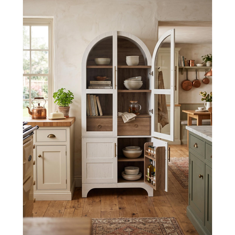 Grand garde-manger arqué avec tablettes ouvertes et réglables, tiroir caché et porte vitrée, armoire de cuisine pour la cuisine, la salle à manger