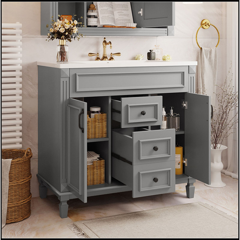 Meuble-lavabo 36 po avec lavabo supérieur, armoire de rangement moderne avec 2 portes à fermeture douce et 2 tiroirs, meuble-lavabo simple