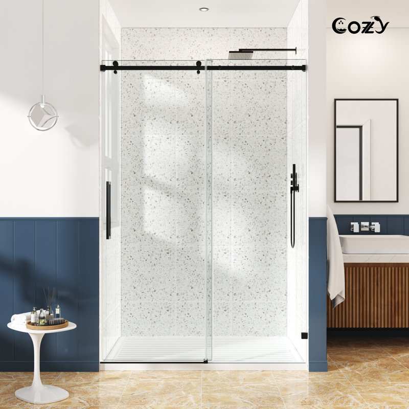 68-73" W X 76" H Frameless Single Sliding Shower Door with 3/8" (10mm) Clear Tempered Glass, Shatter-Resistant Film & Installation Hole Locator - Square Top Rail